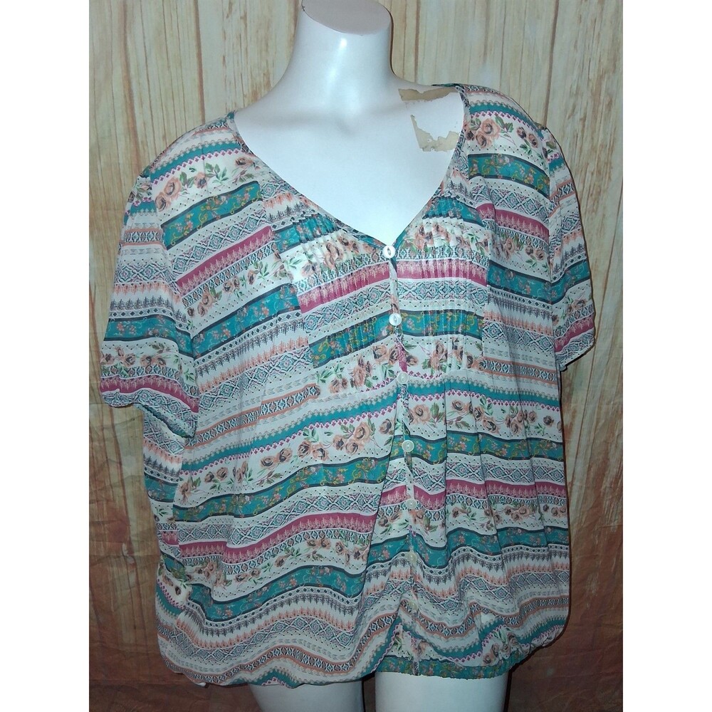 American Rag Cie Sheer Multicolor Floral Short Sleeve V-neck Blouse Sz 3X